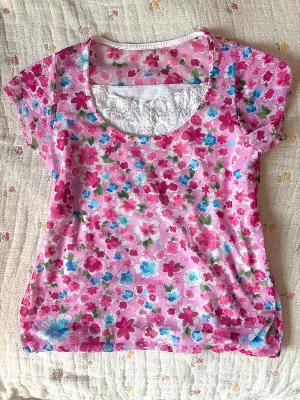 Pink Floral Short Sleeve Lace Babydoll Top